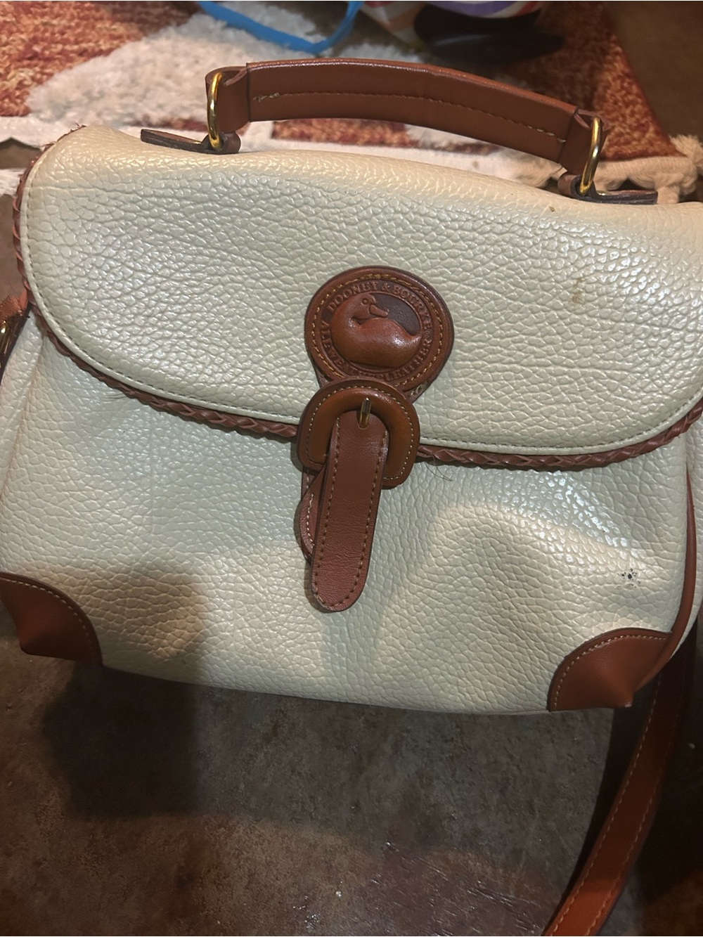 Dooney & Bourke Cream Pebbled Leather Satchel with Brown Trim